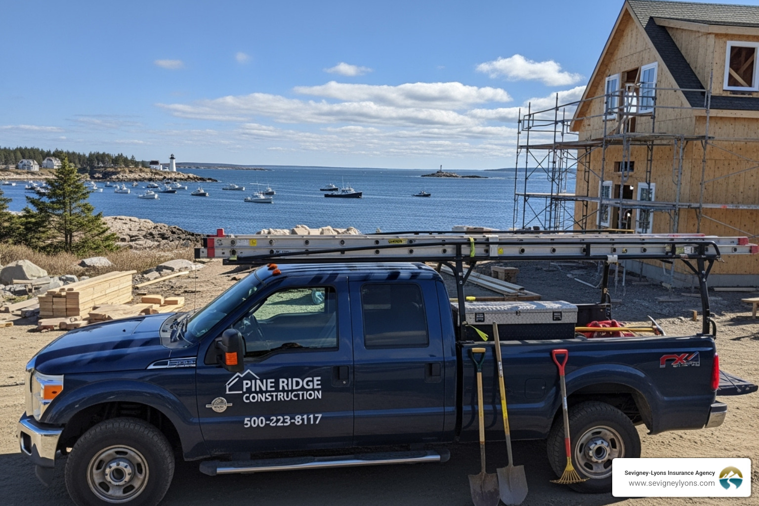 contractor's truck at a job site in Wells, Maine - Commercial auto liability coverage