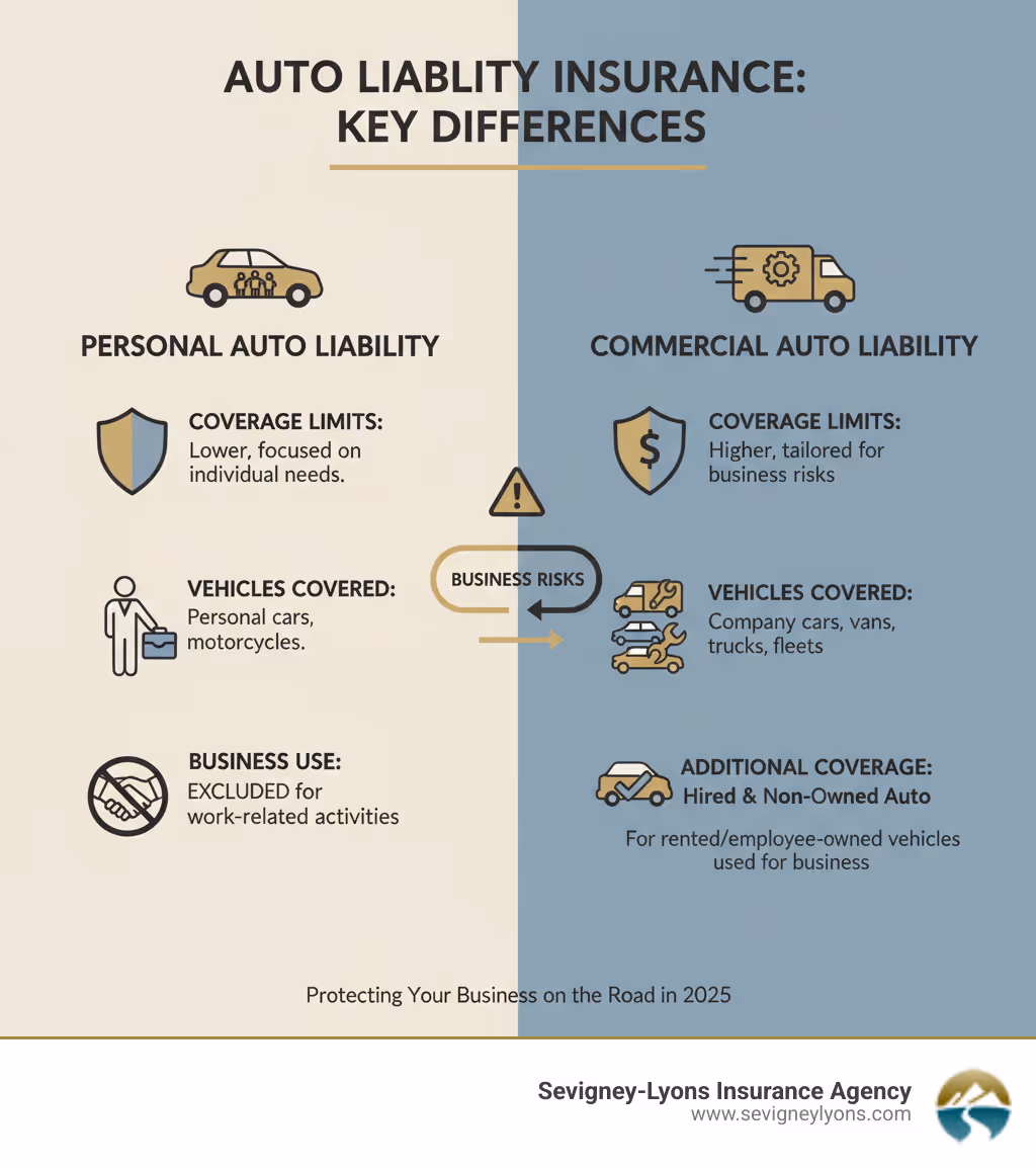 Infographic showing the key differences between personal auto liability and commercial auto liability, including coverage limits, types of vehicles covered, business use exclusions in personal policies, and the addition of hired and non-owned auto coverage in commercial policies - Commercial auto liability coverage infographic 