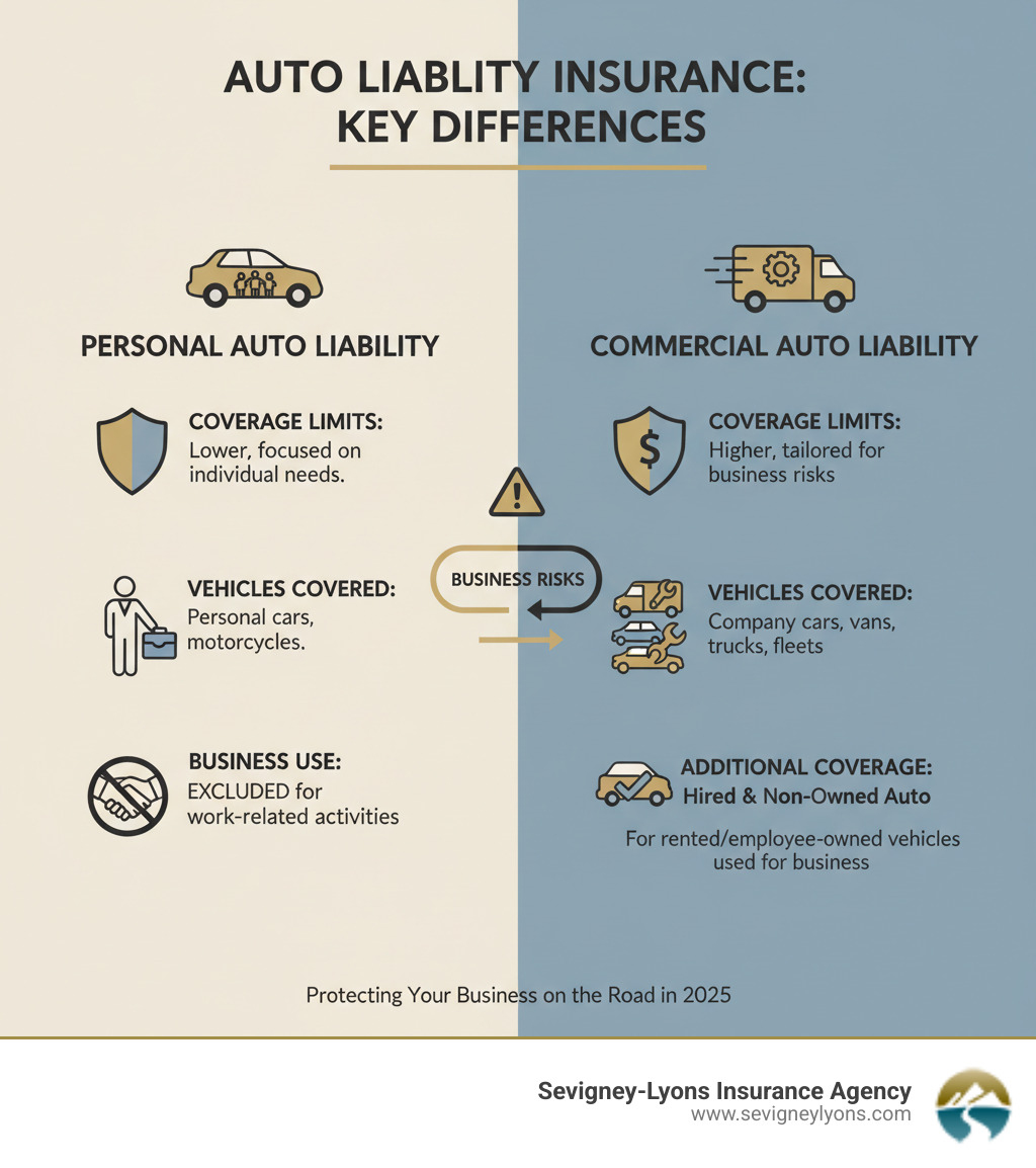 Infographic showing the key differences between personal auto liability and commercial auto liability, including coverage limits, types of vehicles covered, business use exclusions in personal policies, and the addition of hired and non-owned auto coverage in commercial policies - Commercial auto liability coverage infographic 