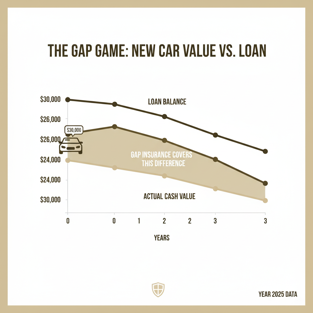 Infographic showing the widening gap between a new car's loan balance (starting at $30,000 and decreasing slowly) and its actual cash value (dropping rapidly from $30,000 to $24,000 in year one, then to $18,000 by year three), with the shaded area between representing the gap that gap insurance covers - Gap insurance for new car infographic 