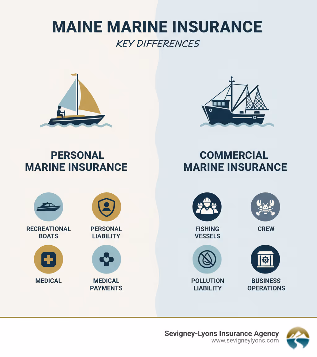 Infographic showing the key differences between personal marine insurance (covering recreational boats, personal liability, and medical payments) and commercial marine insurance (covering fishing vessels, crew protection, pollution liability, and business operations) - Maine marine insurance infographic 