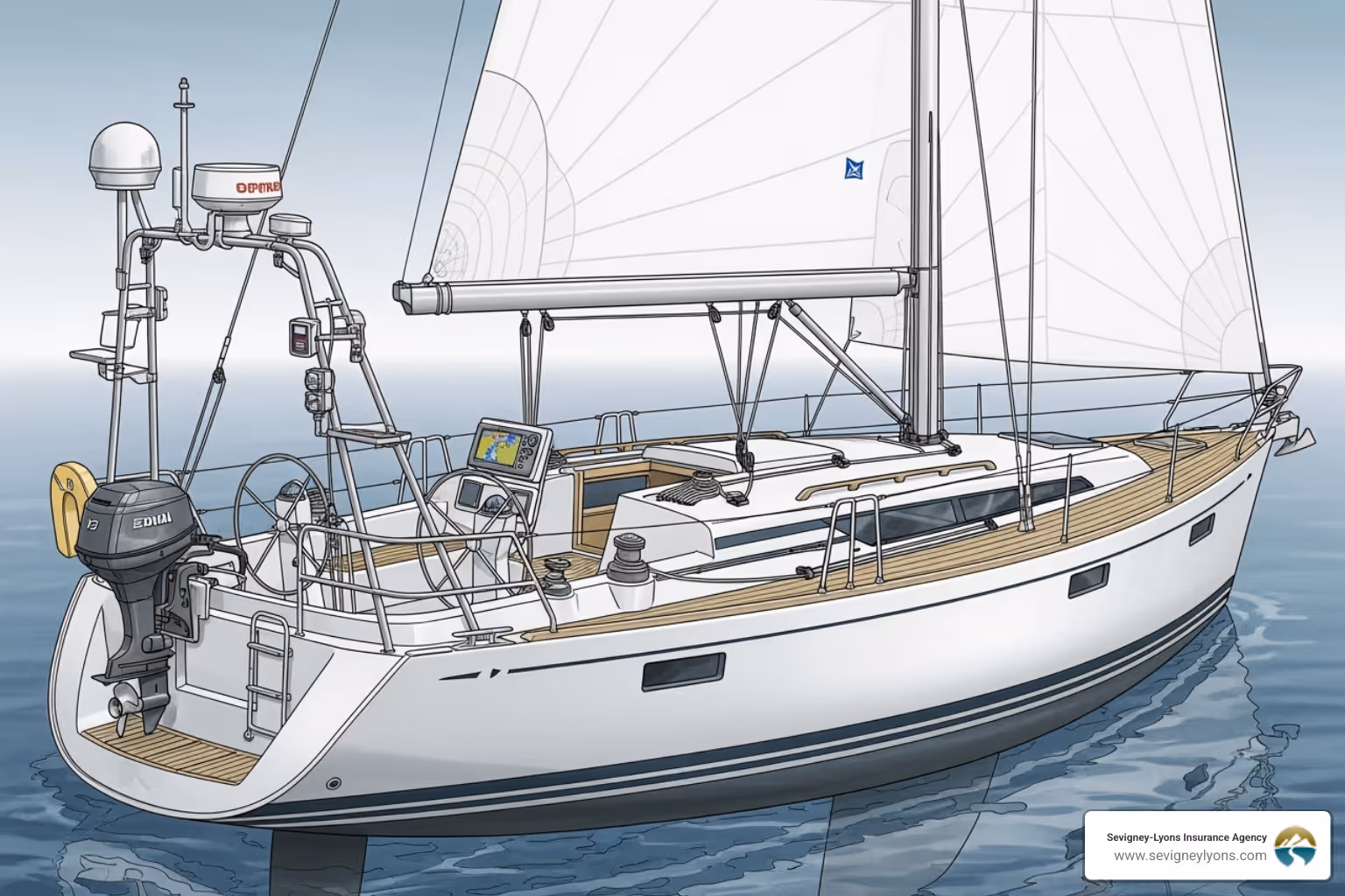 Diagram showing parts of a boat covered by insurance (hull, motor, sails, electronics) - Maine marine insurance