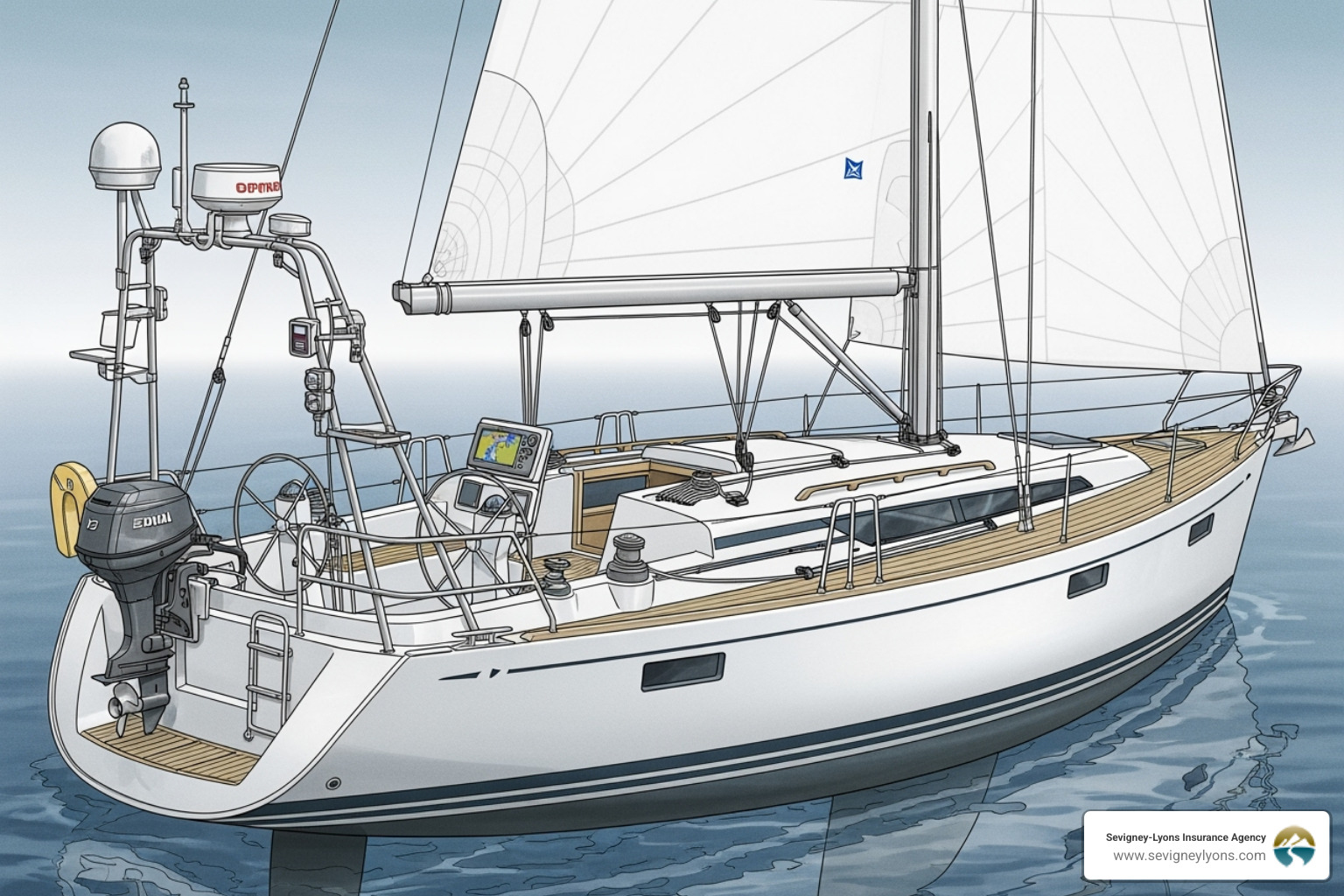 Diagram showing parts of a boat covered by insurance (hull, motor, sails, electronics) - Maine marine insurance