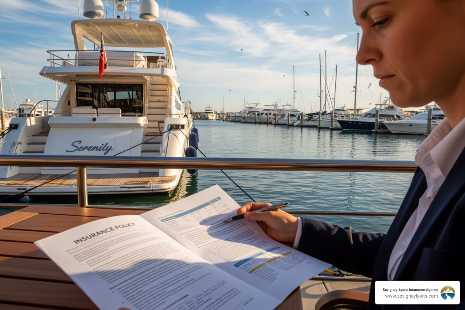 Person reviewing an insurance policy with a boat in the background - Maine marine insurance