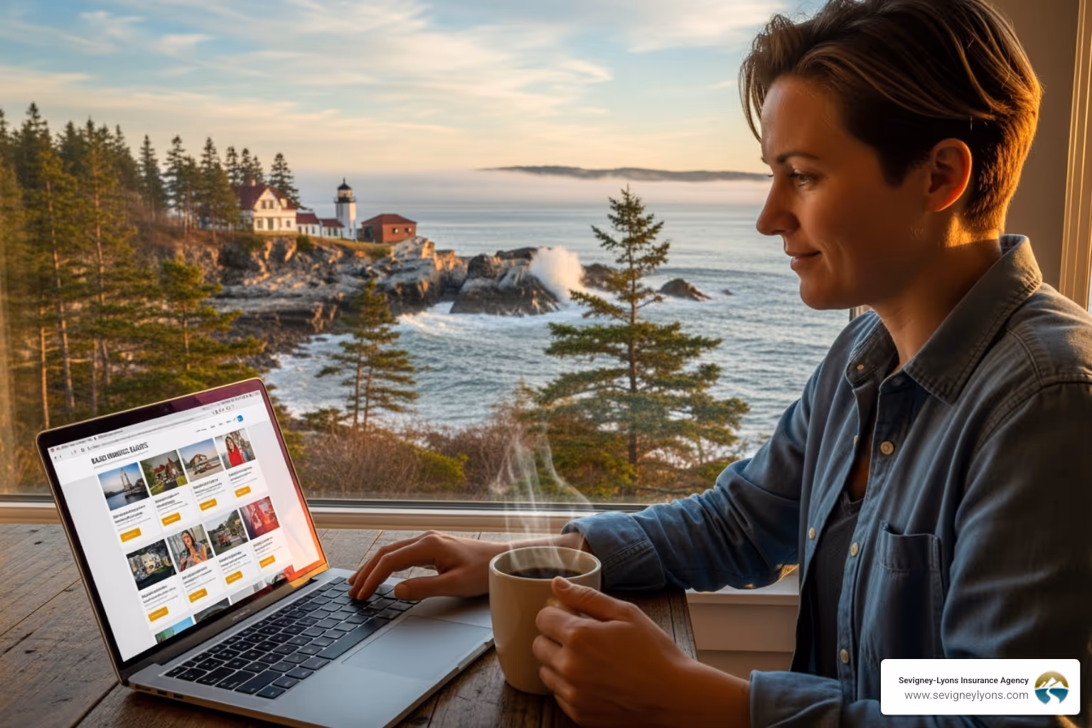 person comparing insurance quotes on a laptop with a Maine landscape in the background - bike insurance companies