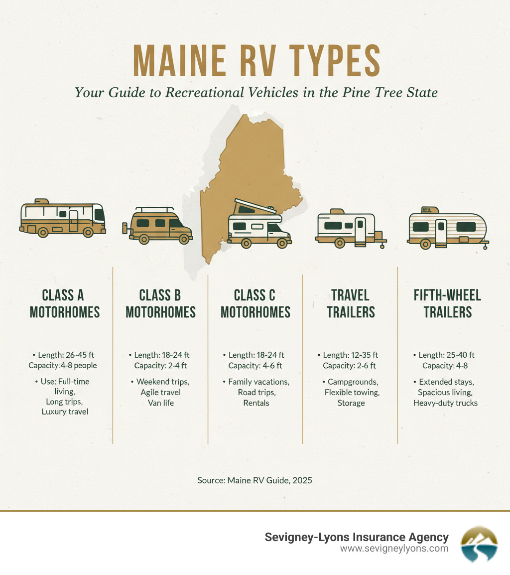 Comprehensive infographic showing the five main types of RVs available in Maine: Class A motorhomes (large bus-style RVs), Class B motorhomes (converted vans), Class C motorhomes (truck-based with overhead cab), Travel Trailers (towable units), and Fifth-Wheel trailers (large towable RVs with distinctive front overhang), with size specifications and typical use cases for each type - maine rv insurance infographic 