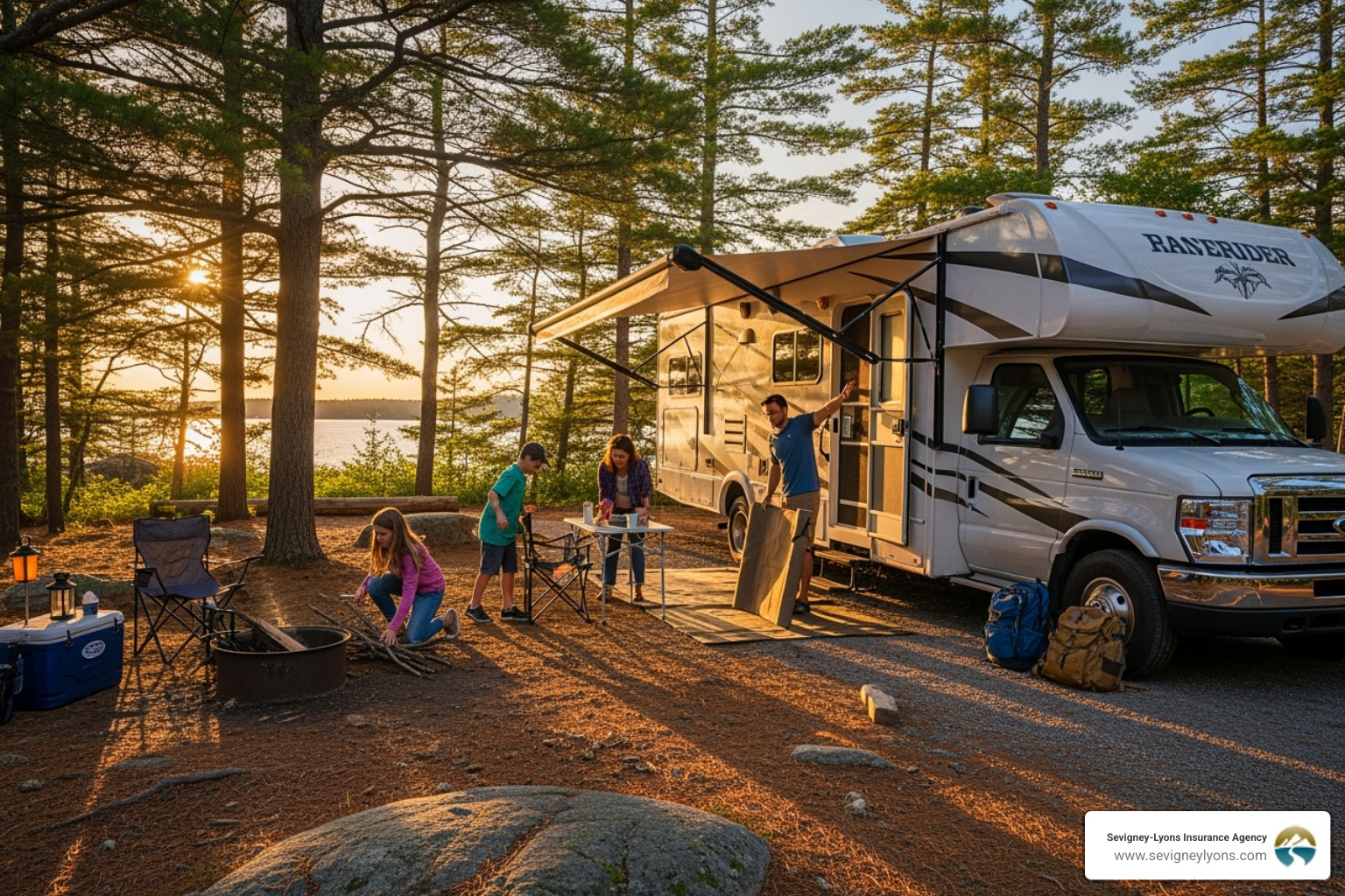of a family setting up a campsite with their RV in a Maine state park - maine rv insurance