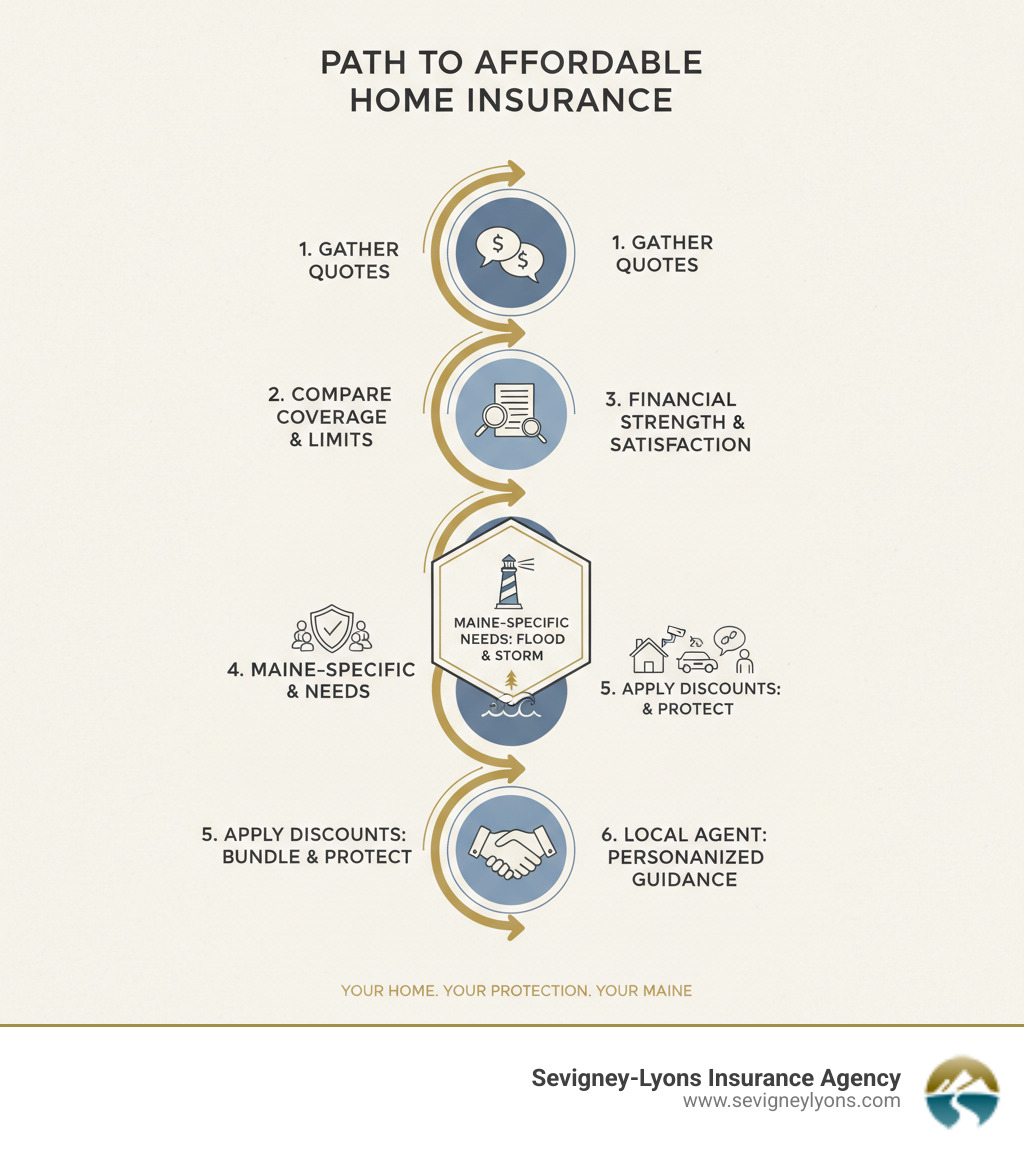 infographic showing the path to finding affordable homeowners insurance: start with gathering quotes, compare coverage options and limits, evaluate financial strength and customer satisfaction ratings, review Maine-specific coverage needs like flood and storm damage, apply available discounts like bundling and protective devices, and work with a local agent for personalized guidance - best homeowners insurance near me infographic 