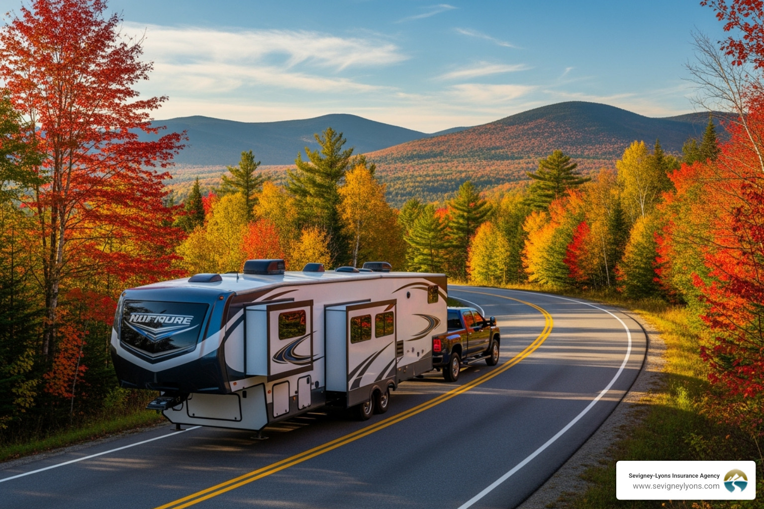 fifth-wheel trailer being towed by a truck in Maine - What is RV insurance