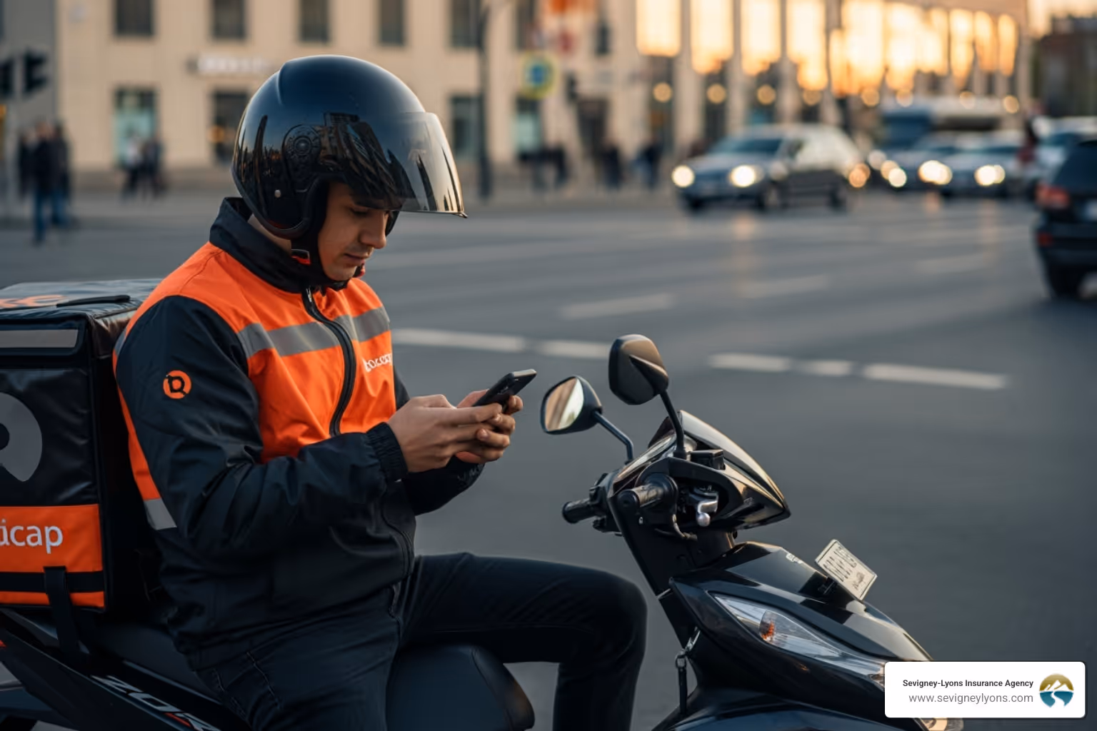 Delivery rider checking phone - courier motorbike insurance