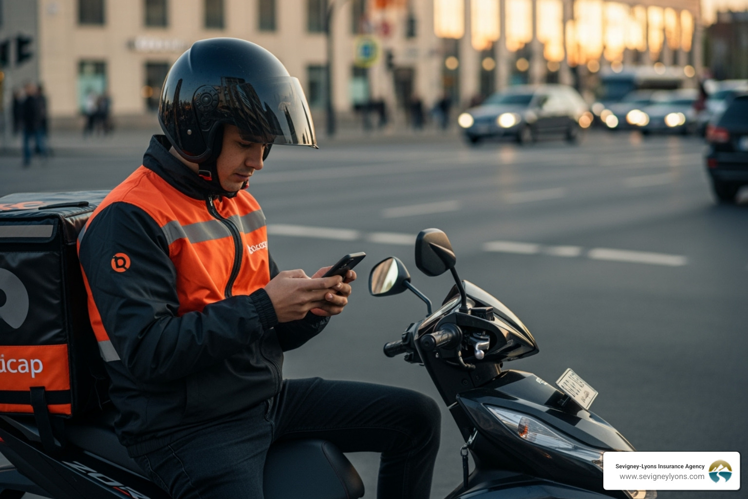 Delivery rider checking phone - courier motorbike insurance