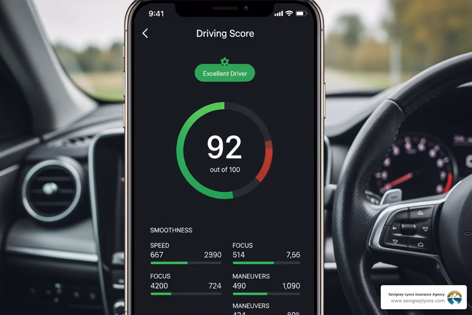 smartphone displaying a driving score app - insurance deals for young drivers