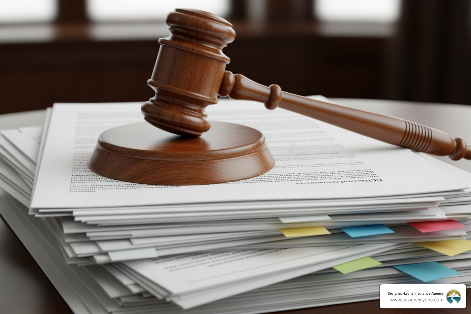 A courtroom gavel rests on a stack of legal documents, symbolizing legal proceedings and justice. - Hired non-owned auto insurance