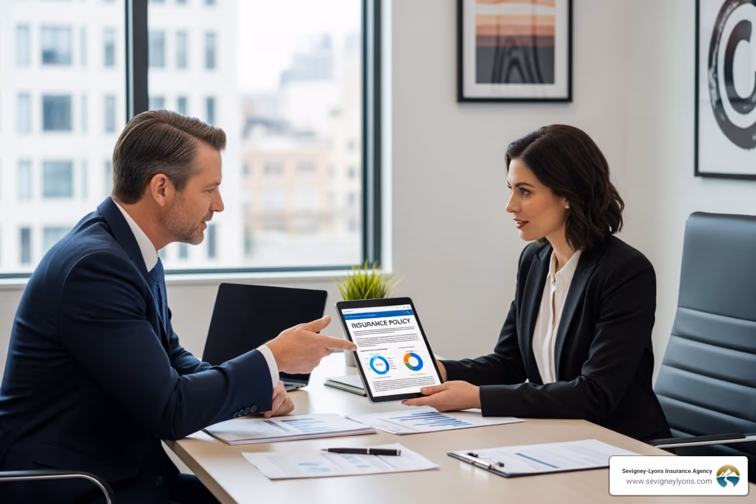 A business owner and an insurance agent are reviewing documents and discussing an insurance policy on a tablet. - Hired non-owned auto insurance