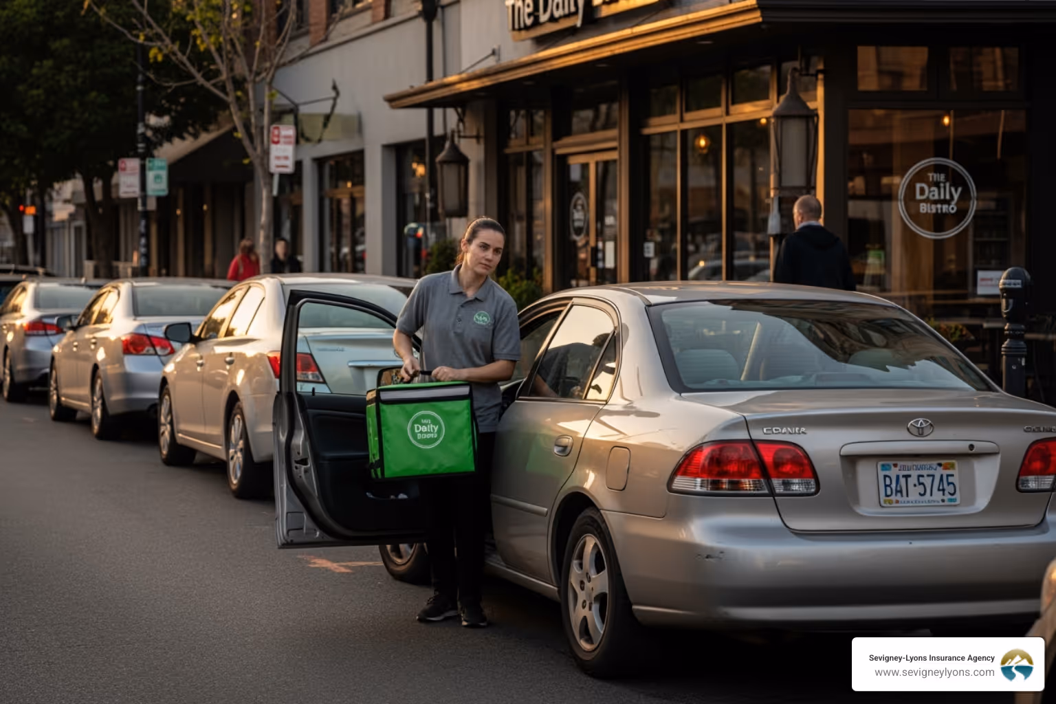 A delivery driver, dressed in a uniform, is getting out of a personal car parked in front of a restaurant, holding a food delivery bag. - Hired non-owned auto insurance