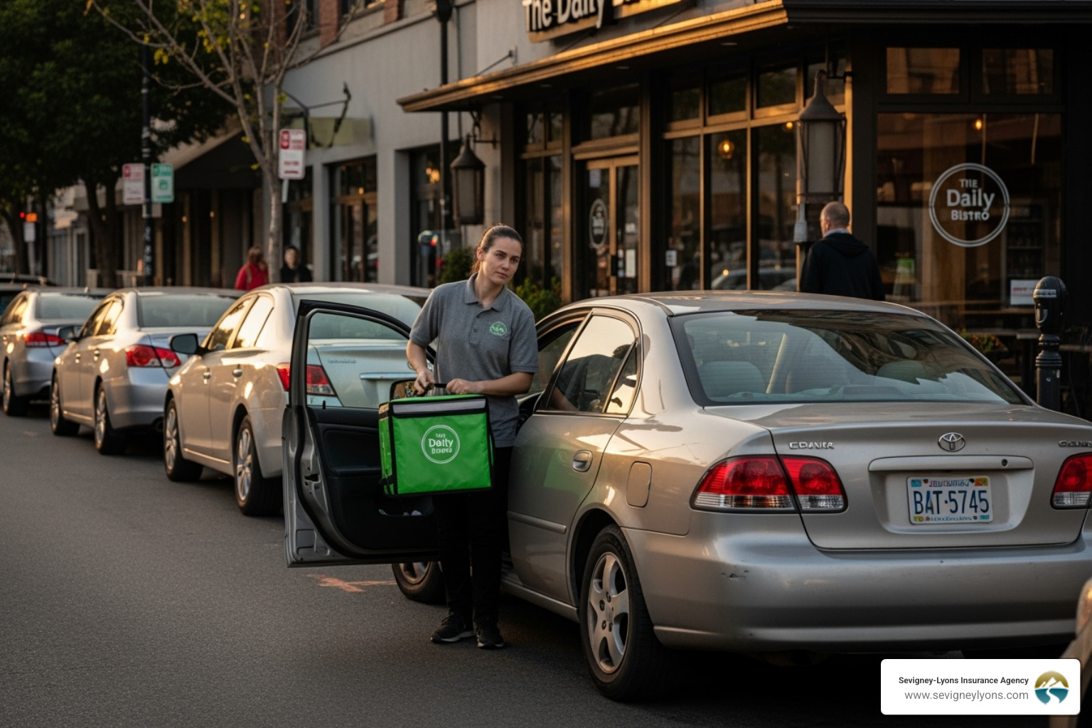 A delivery driver, dressed in a uniform, is getting out of a personal car parked in front of a restaurant, holding a food delivery bag. - Hired non-owned auto insurance
