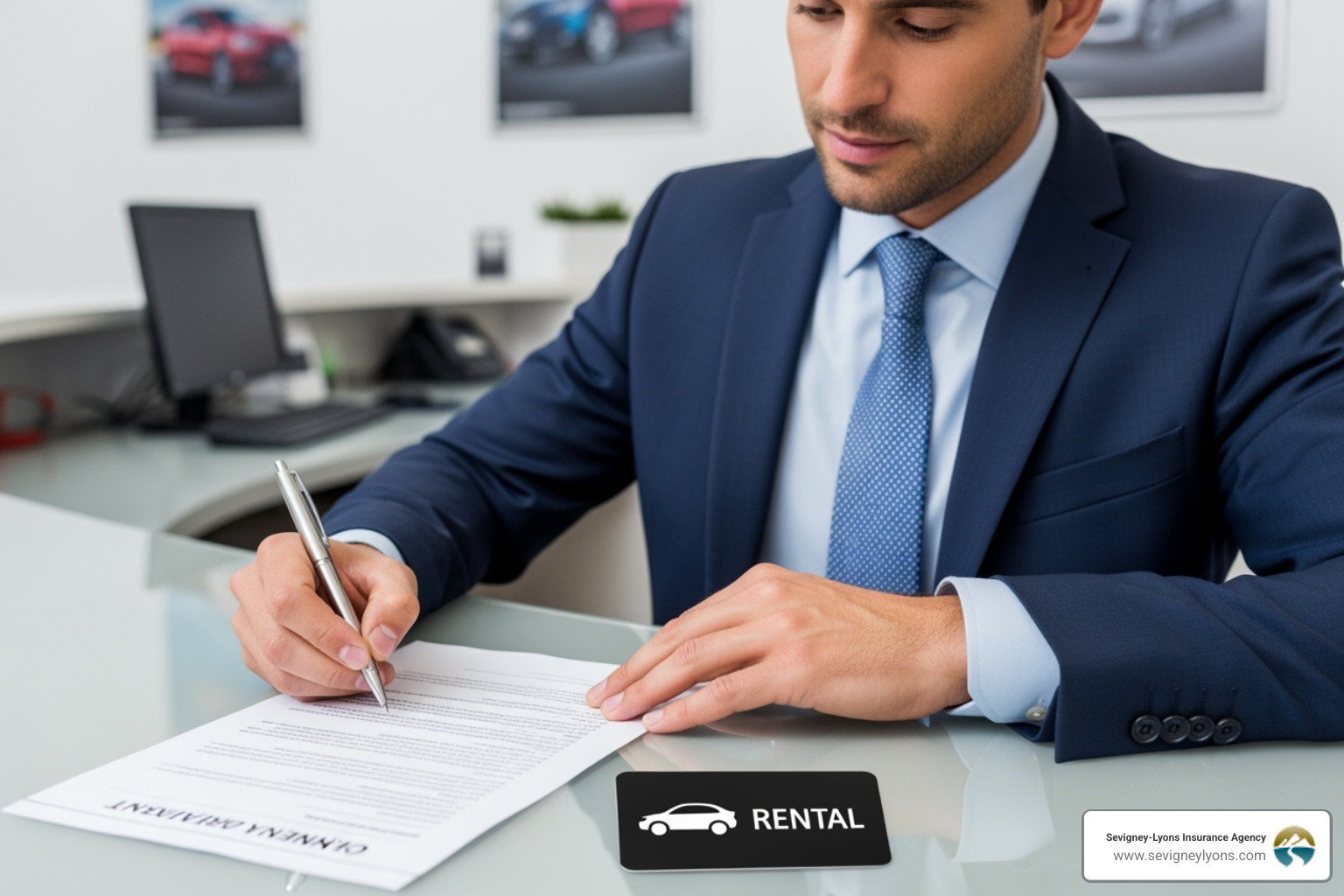 A person in business attire is signing a car rental agreement at a desk, with a pen in hand and a rental car key card visible. - Hired non-owned auto insurance
