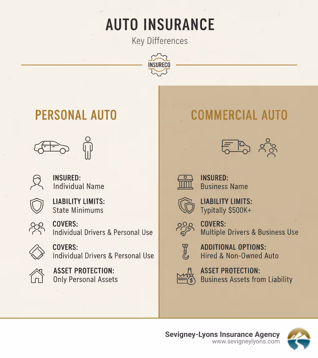 infographic showing key differences between personal and commercial auto insurance: business name as insured vs individual name, higher liability limits typically $500k+ vs state minimums, covers multiple drivers and business use vs individual drivers and personal use, includes hired and non-owned auto options vs no business use coverage, protects business assets from liability vs protects only personal assets - Business auto insurance providers infographic 