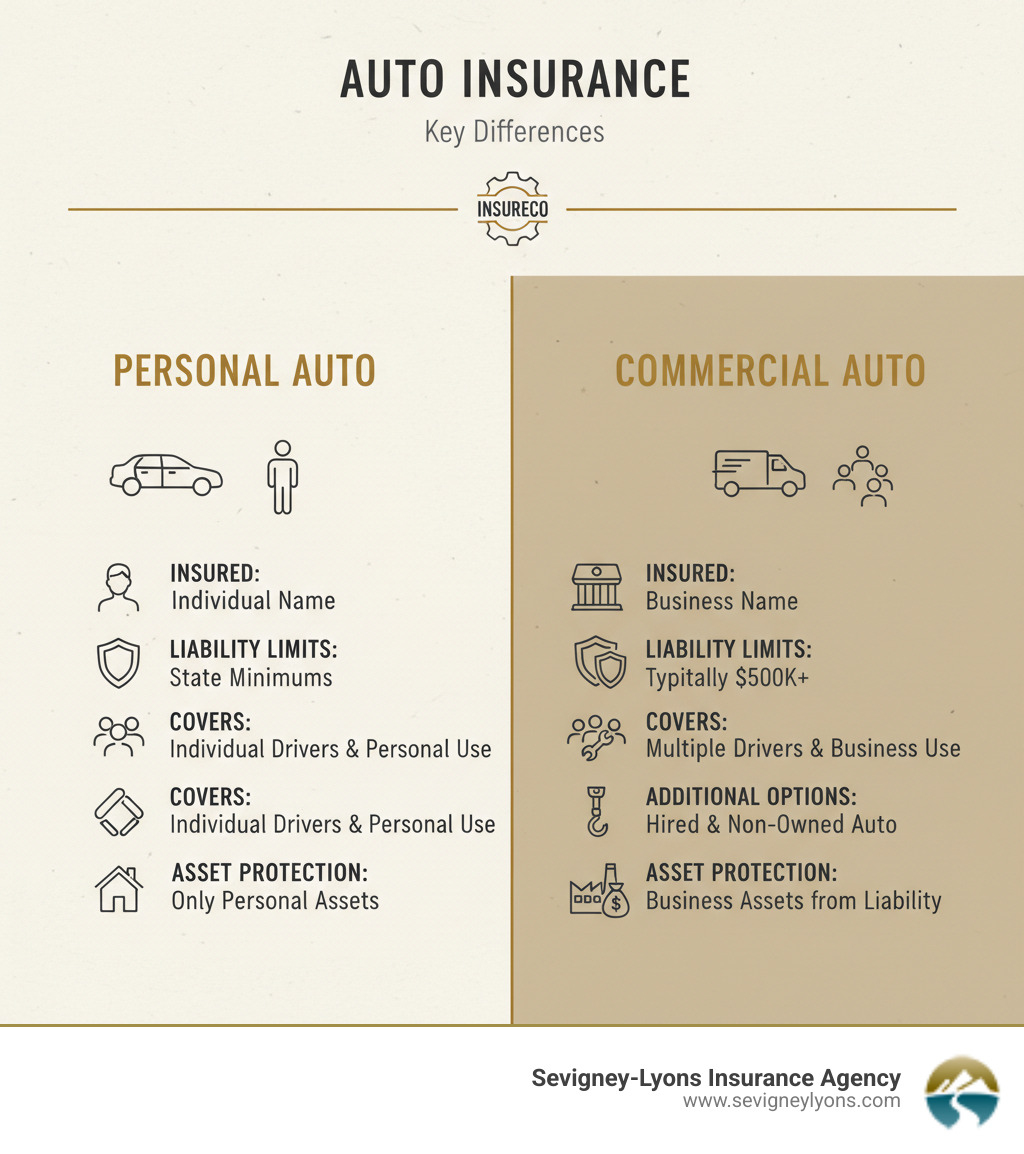 infographic showing key differences between personal and commercial auto insurance: business name as insured vs individual name, higher liability limits typically $500k+ vs state minimums, covers multiple drivers and business use vs individual drivers and personal use, includes hired and non-owned auto options vs no business use coverage, protects business assets from liability vs protects only personal assets - Business auto insurance providers infographic 