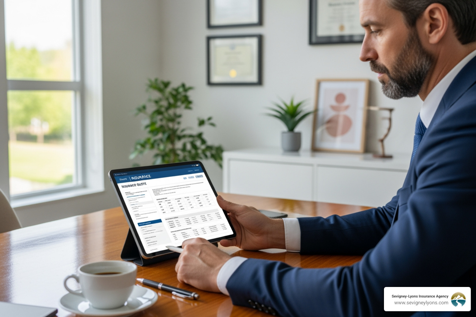 of a business owner reviewing an insurance quote on a tablet. - Business auto insurance providers