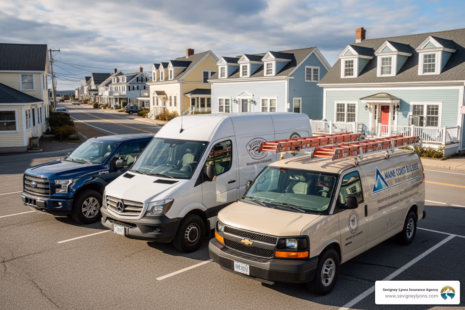 of diverse commercial vehicles (pickup truck, delivery car, contractor's van) parked in a lot in a town like Wells, ME. - Business auto insurance providers
