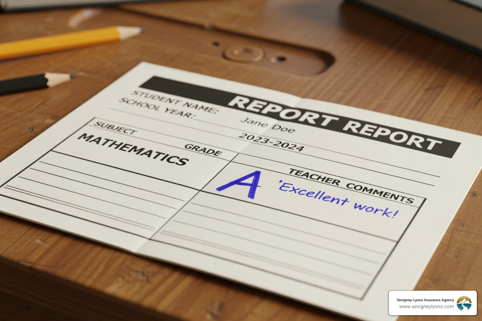 report card with an 'A' grade - inexpensive car insurance for teenage drivers