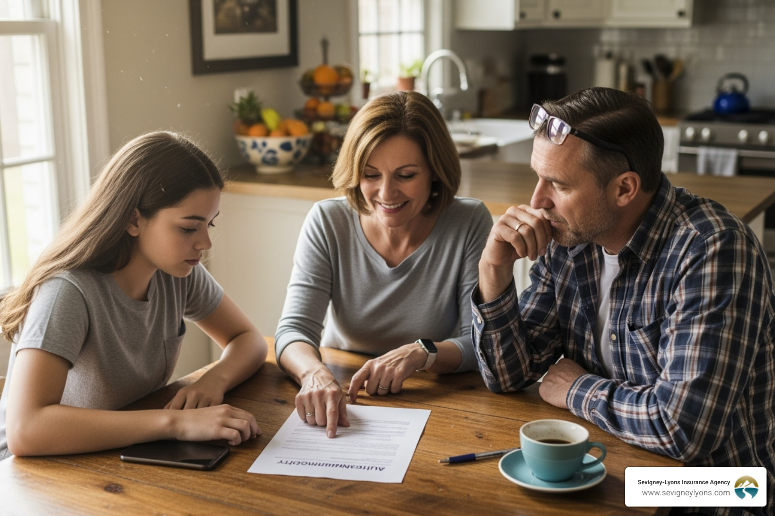 family discussing an insurance policy document - inexpensive car insurance for teenage drivers