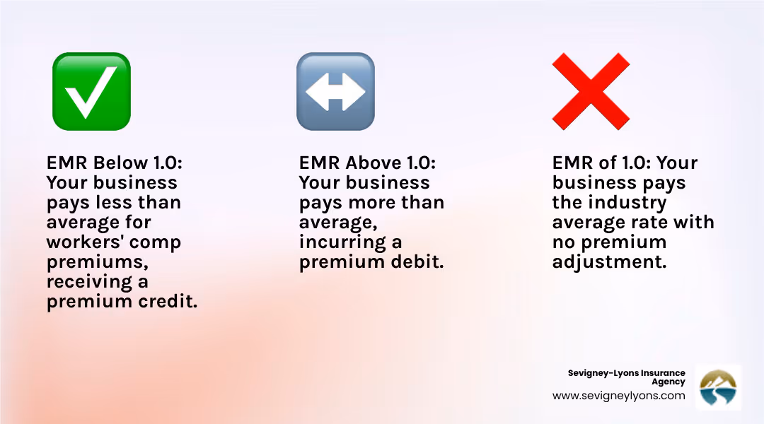 Infographic showing the EMR scale: scores below 1.0 result in premium credits and lower costs, a score of 1.0 represents average industry performance with no premium adjustment, and scores above 1.0 create premium debits and higher costs. The graphic includes arrows showing how actual losses compared to expected losses determine where a business falls on this scale. - Experience mod workers comp infographic 3_facts_emoji_light-gradient