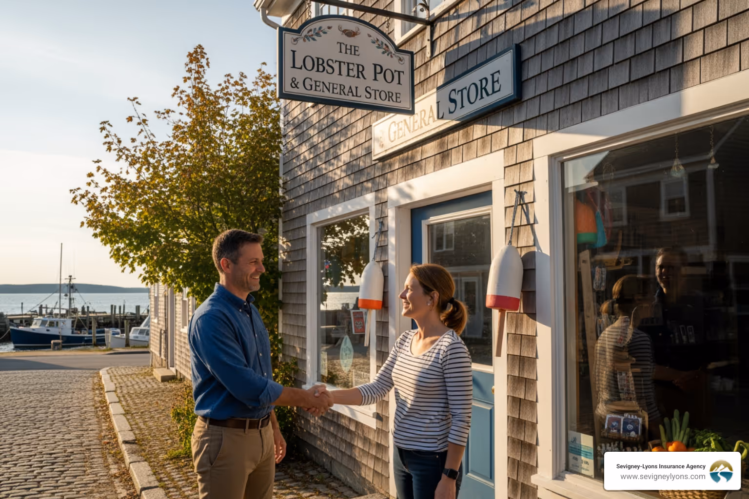 two business owners shaking hands in front of a Maine storefront - Experience mod workers comp