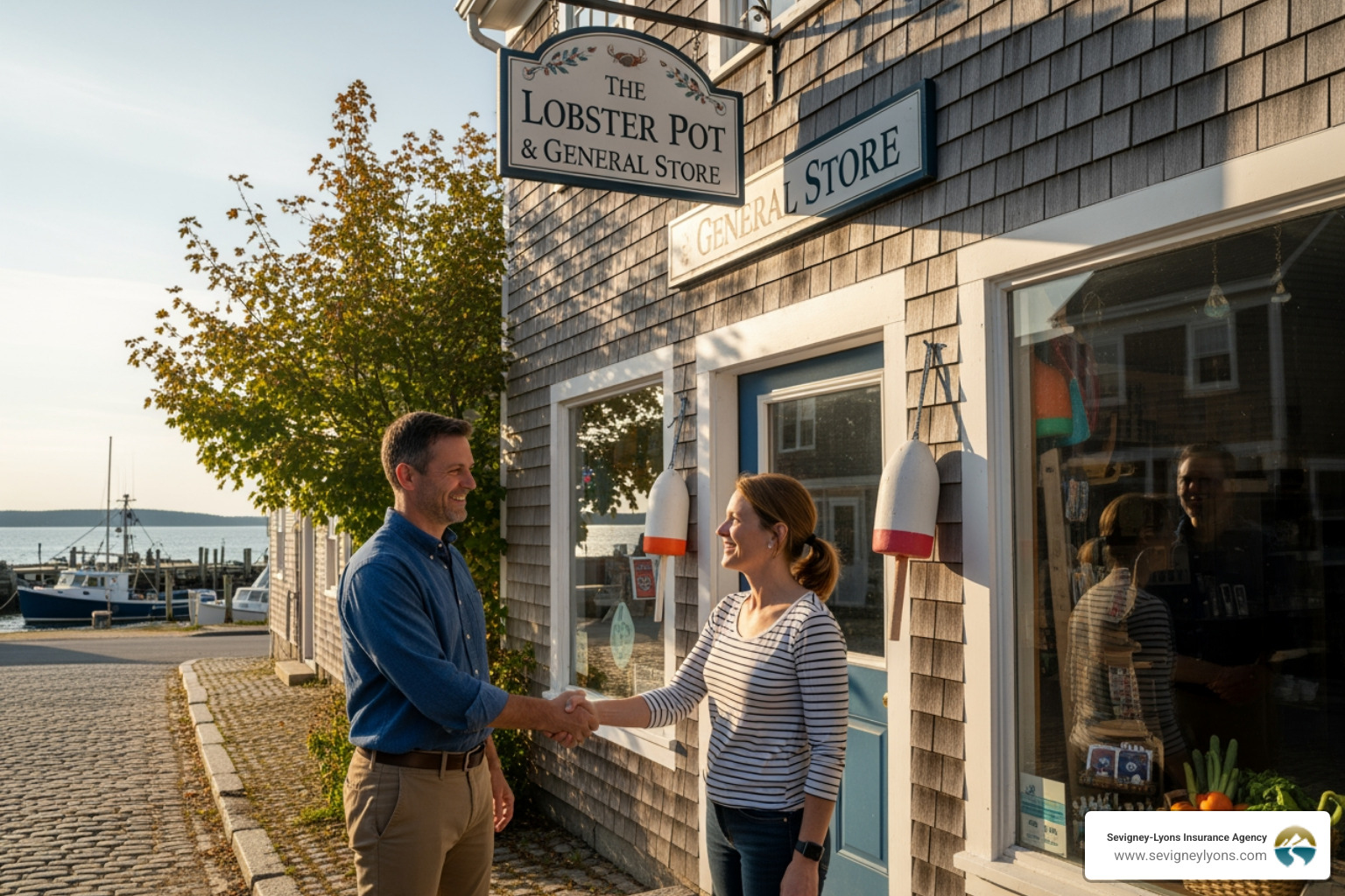 two business owners shaking hands in front of a Maine storefront - Experience mod workers comp two business owners shaking hands in front of a Maine storefront - Experience mod workers comp