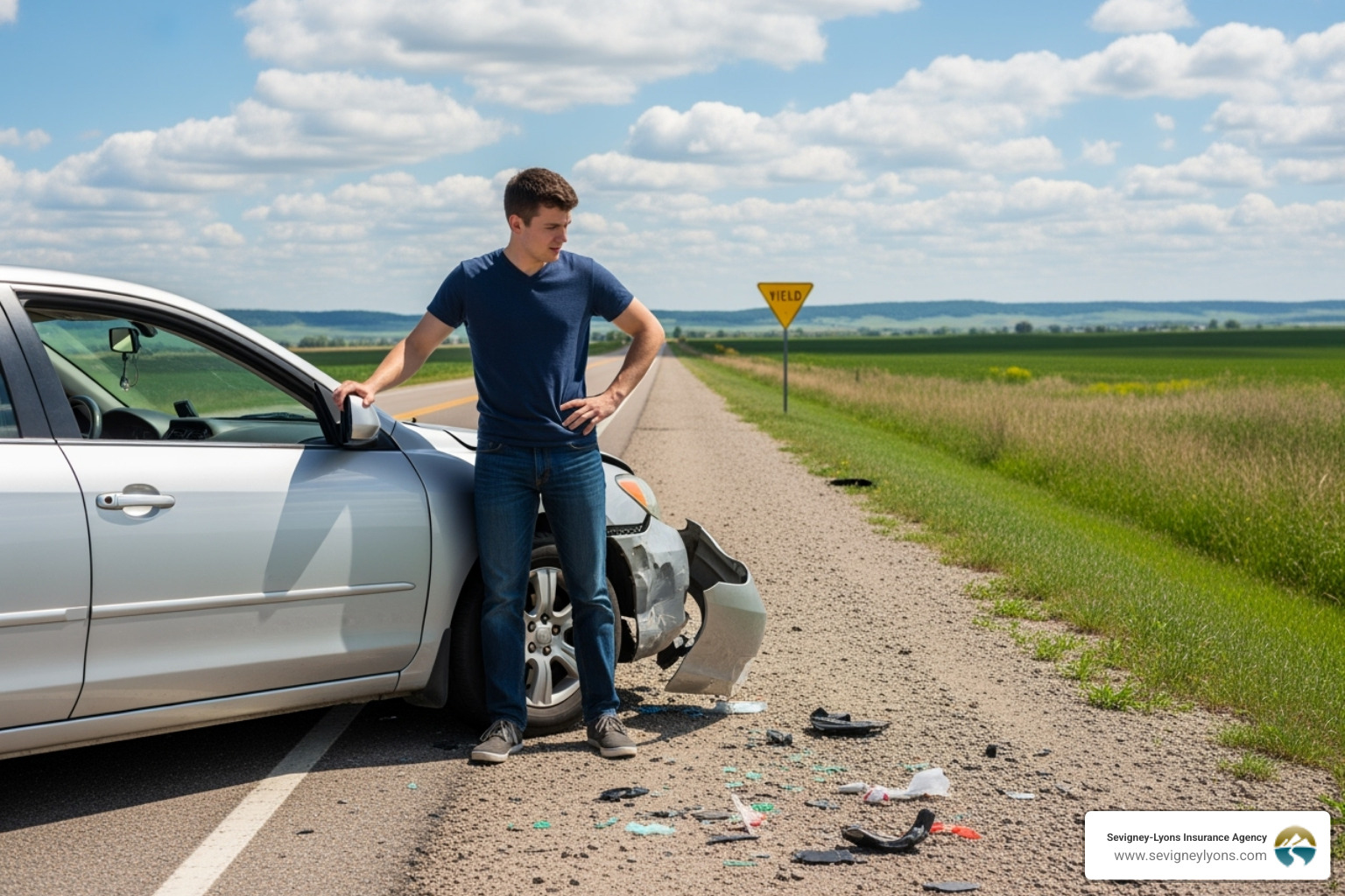 A young man in a denim jacket looking distressed while checking his smartphone next to a silver car with a dented bumper and a smashed headlight on a roadside - best young drive maine car insurance concept