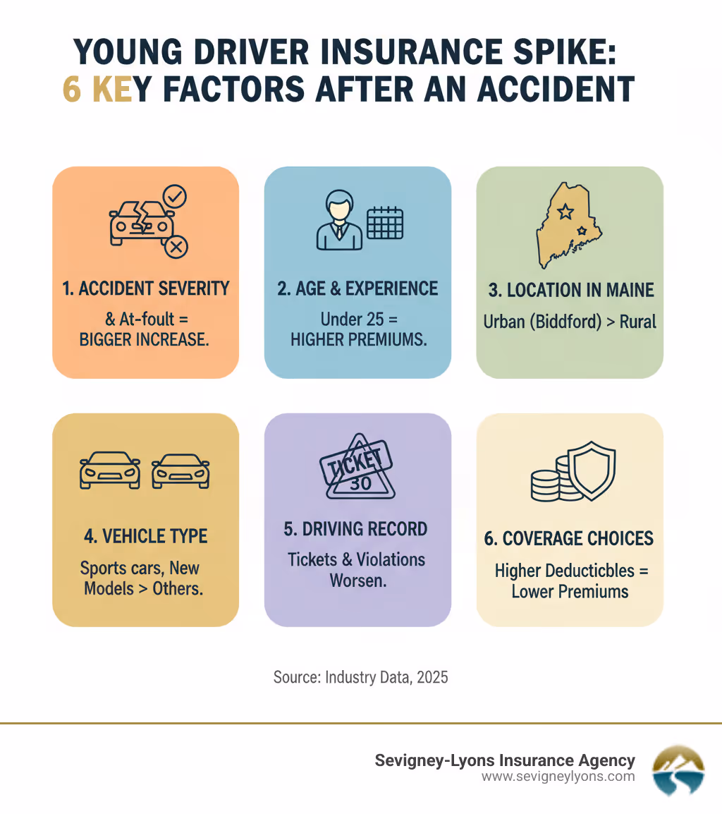 Infographic showing key factors affecting young driver insurance rates after an accident: 1) Accident severity and fault status (at-fault accidents increase rates most), 2) Age and driving experience (under 25 pays highest premiums), 3) Location in Maine (urban areas like Biddeford cost more than rural areas), 4) Vehicle type (sports cars and new models cost more), 5) Driving record beyond the accident (tickets and violations compound the increase), 6) Coverage choices (higher deductibles lower premiums) - car insurance for young adults with accidents infographic 