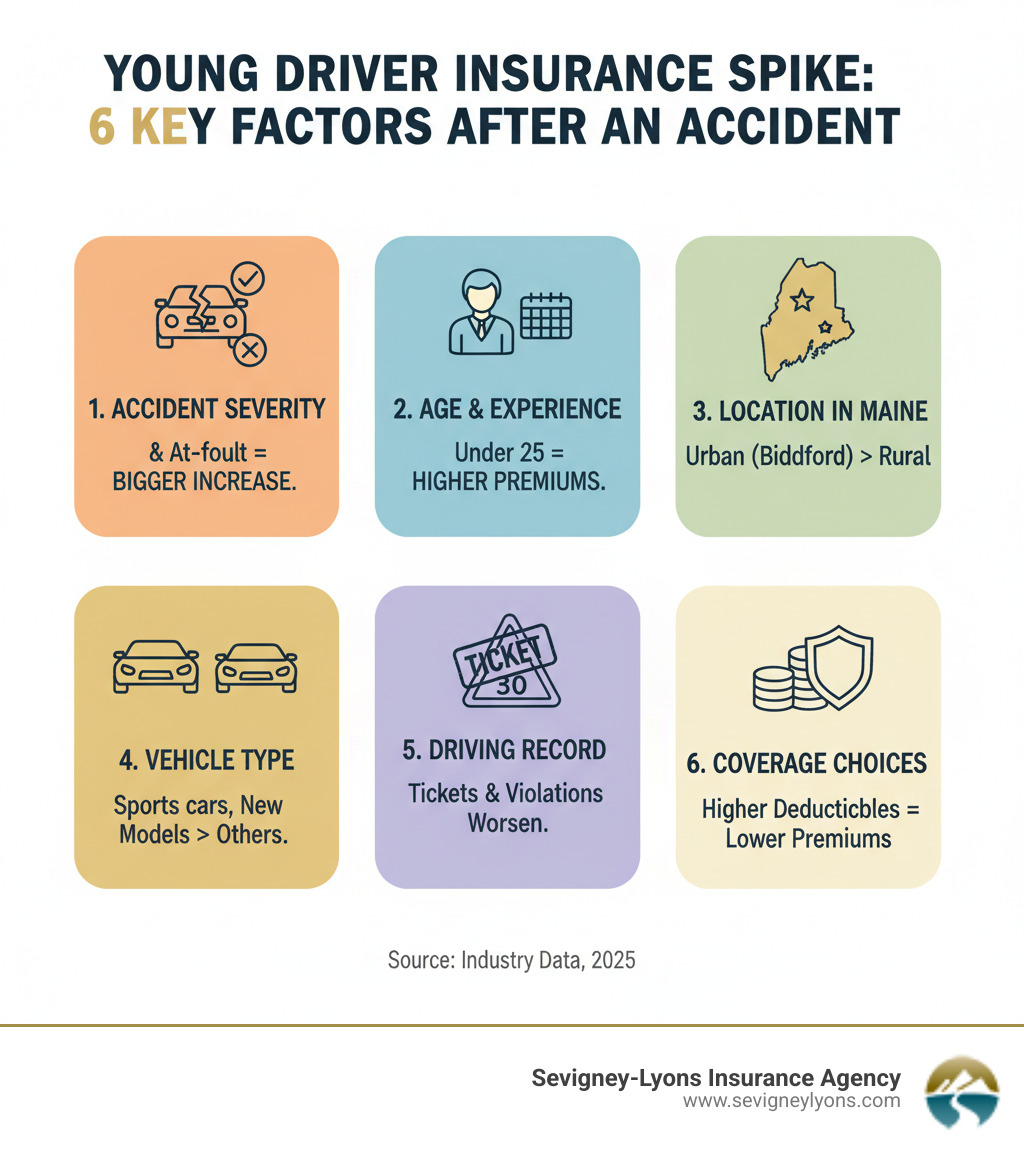 Infographic showing key factors affecting young driver insurance rates after an accident: 1) Accident severity and fault status (at-fault accidents increase rates most), 2) Age and driving experience (under 25 pays highest premiums), 3) Location in Maine (urban areas like Biddeford cost more than rural areas), 4) Vehicle type (sports cars and new models cost more), 5) Driving record beyond the accident (tickets and violations compound the increase), 6) Coverage choices (higher deductibles lower premiums) - car insurance for young adults with accidents infographic 