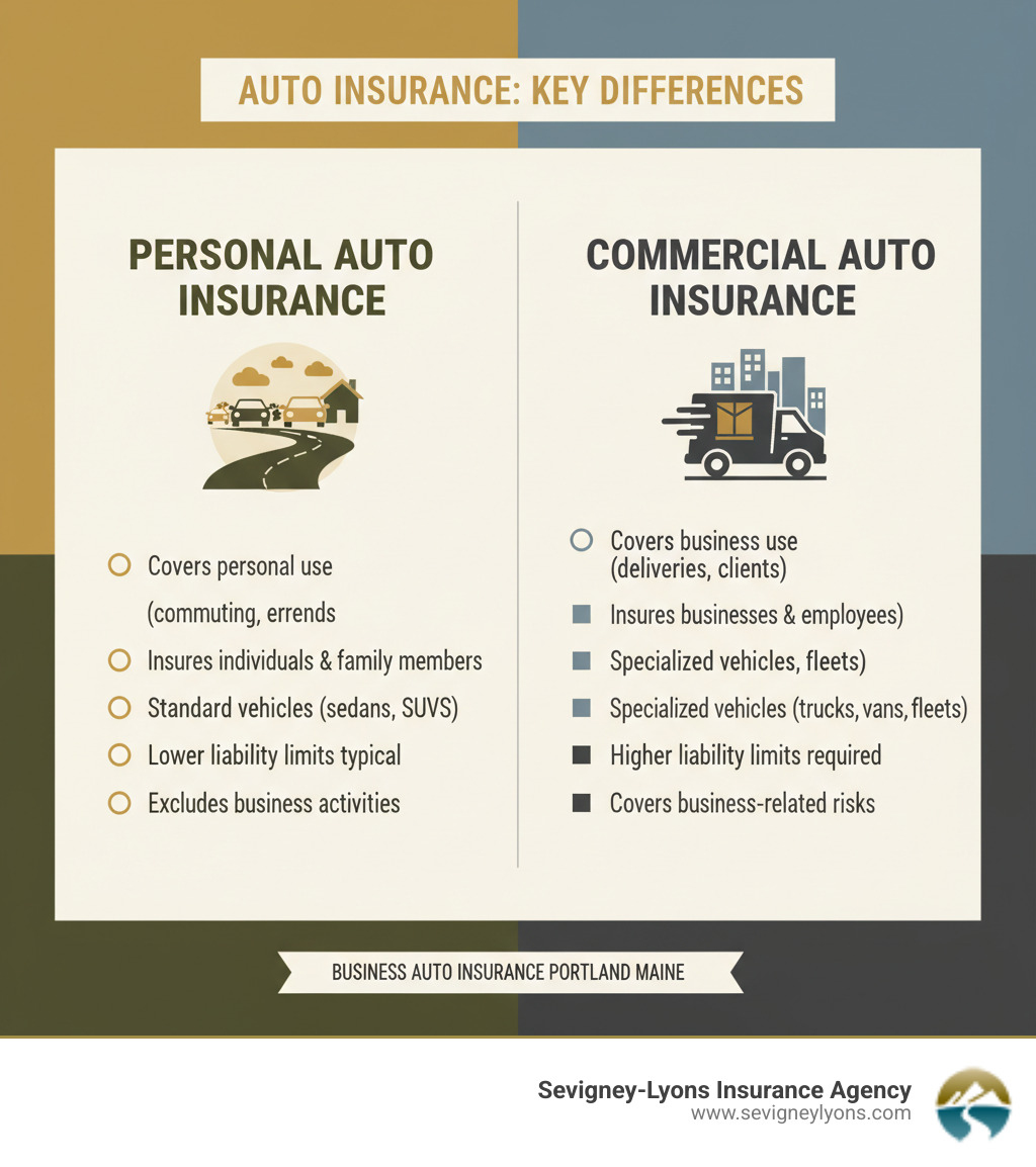 infographic explaining the key differences between personal and commercial auto insurance policies - Business Auto Insurance Portland Maine infographic 