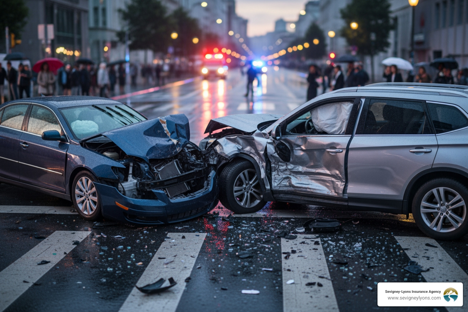 illustration of a car accident scenario with different coverage types highlighted - Business Auto Insurance Portland Maine