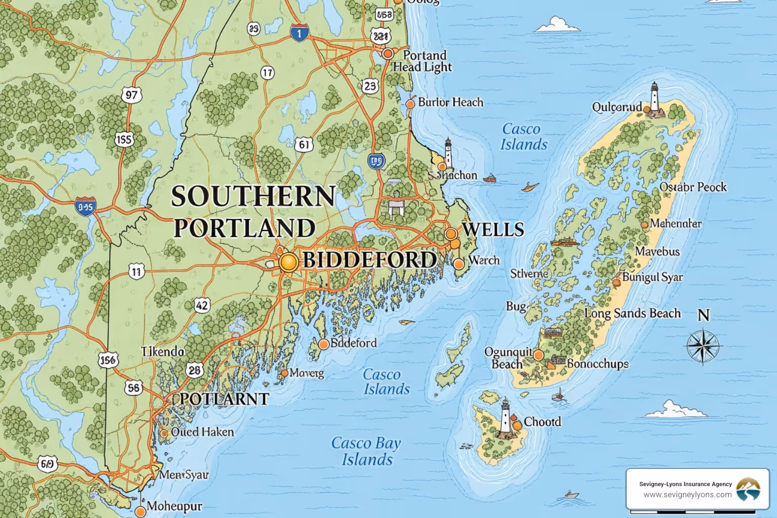map of Southern Maine highlighting Portland, Biddeford, and Wells - Business Auto Insurance Portland Maine