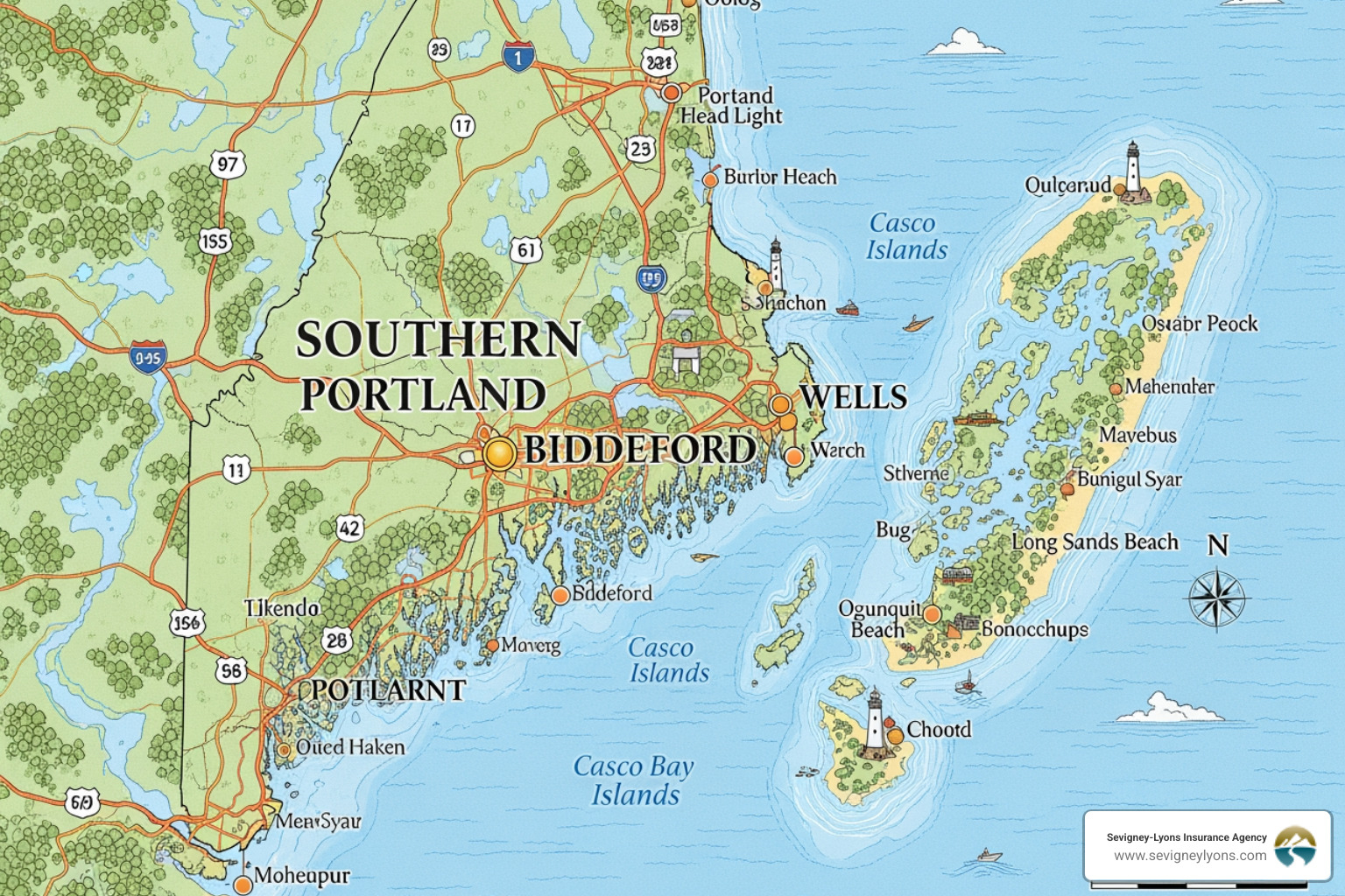 map of Southern Maine highlighting Portland, Biddeford, and Wells - Business Auto Insurance Portland Maine