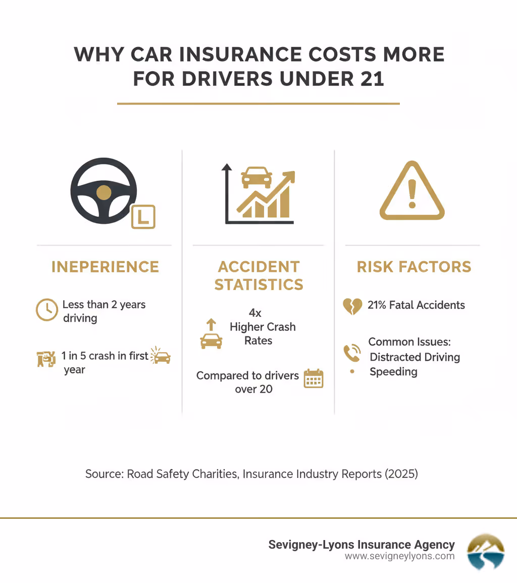 Infographic showing why car insurance costs more for drivers under 21, including factors like inexperience (less than 2 years driving), accident statistics (4x higher crash rates than drivers over 20), and risk factors such as 21% of fatal accidents involving young drivers, common issues like distracted driving and speeding, and 1 in 5 drivers crashing within their first year - day car insurance for under 21 infographic 