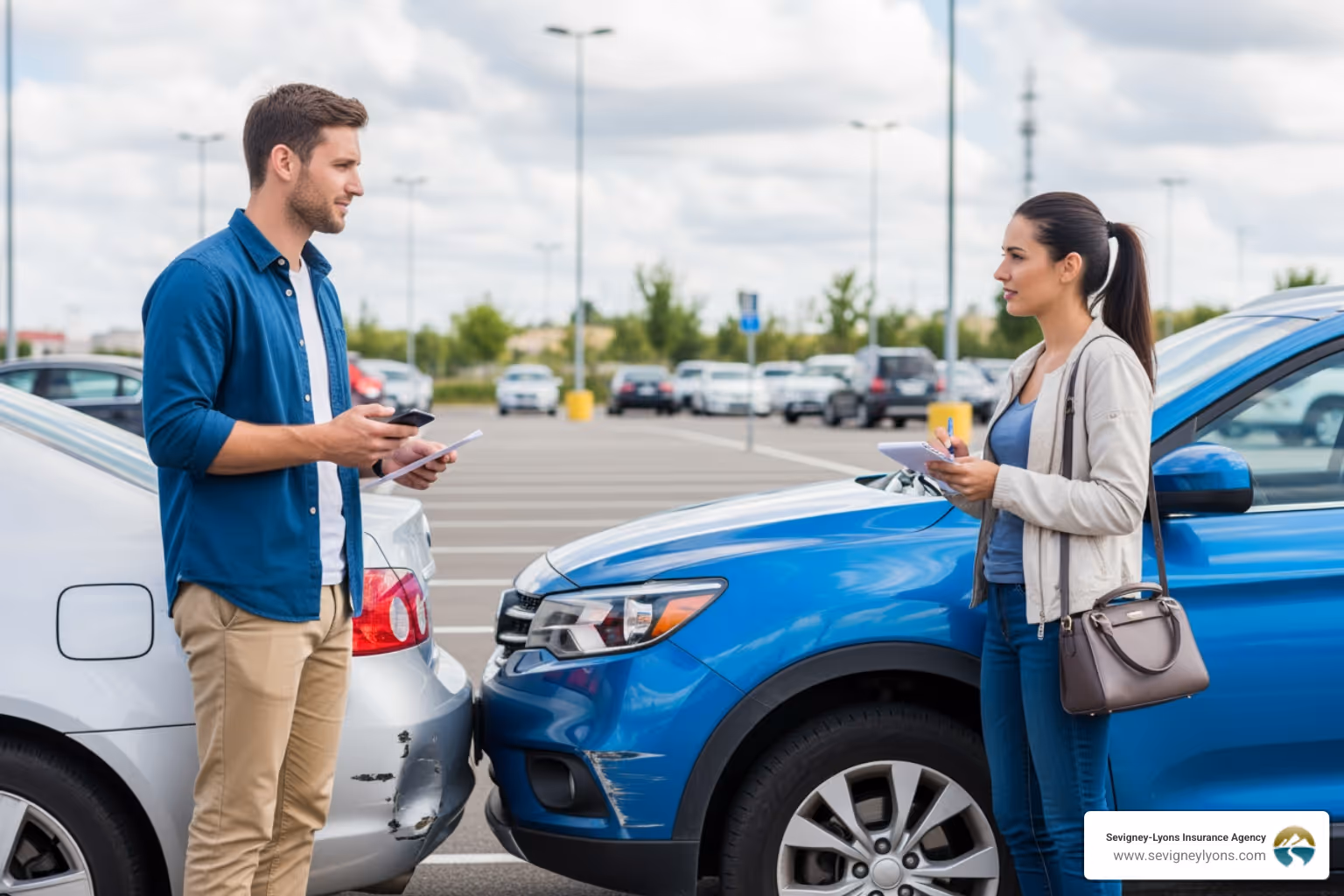 two drivers exchanging information after a minor fender-bender - Car insurance Maine two drivers exchanging information after a minor fender-bender - Car insurance Maine