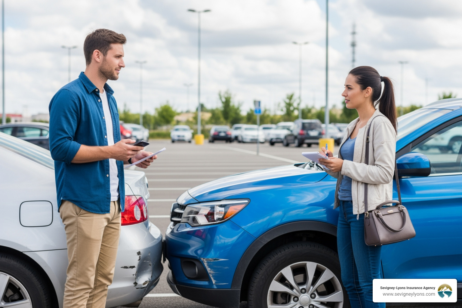 two drivers exchanging information after a minor fender-bender - Car insurance Maine two drivers exchanging information after a minor fender-bender - Car insurance Maine
