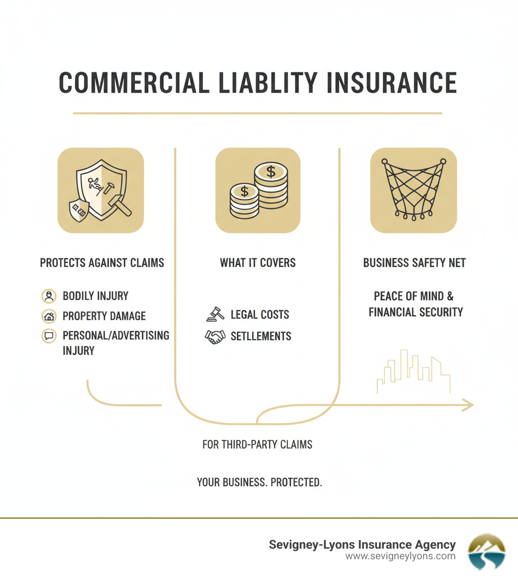 Infographic explaining how commercial liability insurance protects businesses from third-party claims for bodily injury, property damage, and personal/advertising injury, covering legal costs and settlements. - commercial liability insurance infographic Infographic explaining how commercial liability insurance protects businesses from third-party claims for bodily injury, property damage, and personal/advertising injury, covering legal costs and settlements. - commercial liability insurance infographic