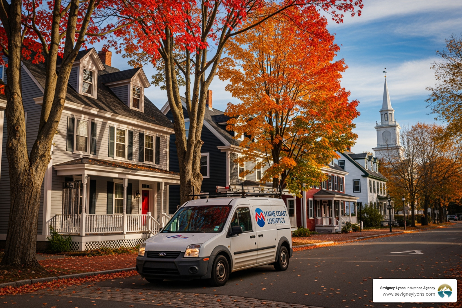 commercial delivery van in front of maine home