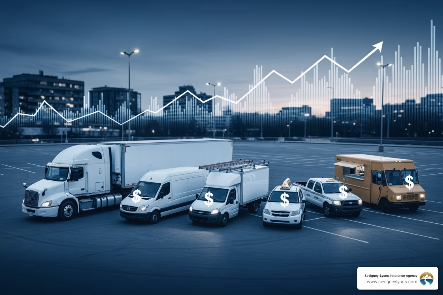 various factors like a map of Maine, a driver's license, and different types of work vehicles - Commercial auto insurance costs various factors like a map of Maine, a driver's license, and different types of work vehicles - Commercial auto insurance costs