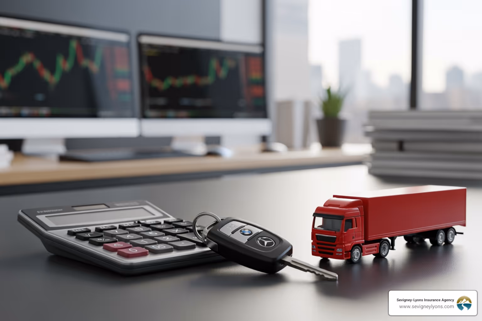 calculator and keys next to a toy commercial truck - Commercial auto insurance costs calculator and keys next to a toy commercial truck - Commercial auto insurance costs