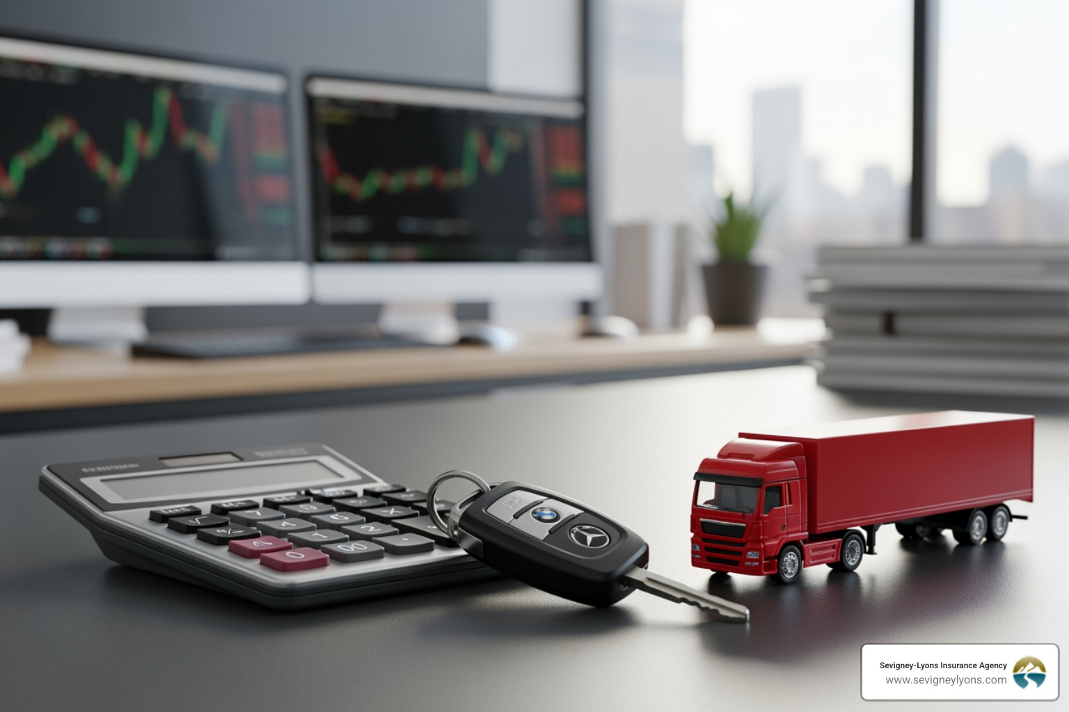 calculator and keys next to a toy commercial truck - Commercial auto insurance costs calculator and keys next to a toy commercial truck - Commercial auto insurance costs