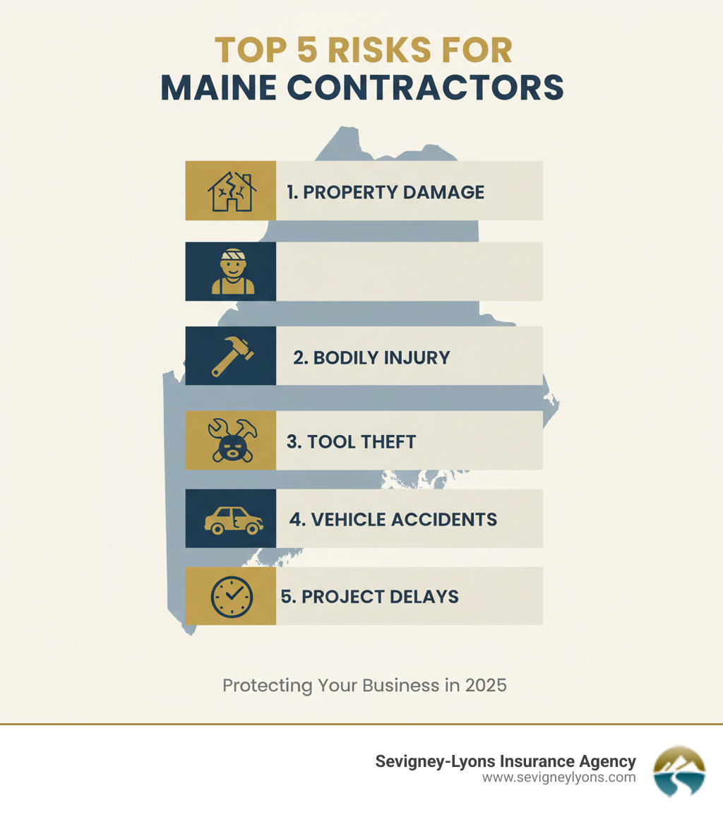 Infographic detailing the top 5 risks for contractors in Maine including property damage, bodily injury, tool theft, vehicle accidents, and project delays. - business insurance for contractors infographic Infographic detailing the top 5 risks for contractors in Maine including property damage, bodily injury, tool theft, vehicle accidents, and project delays. - business insurance for contractors infographic