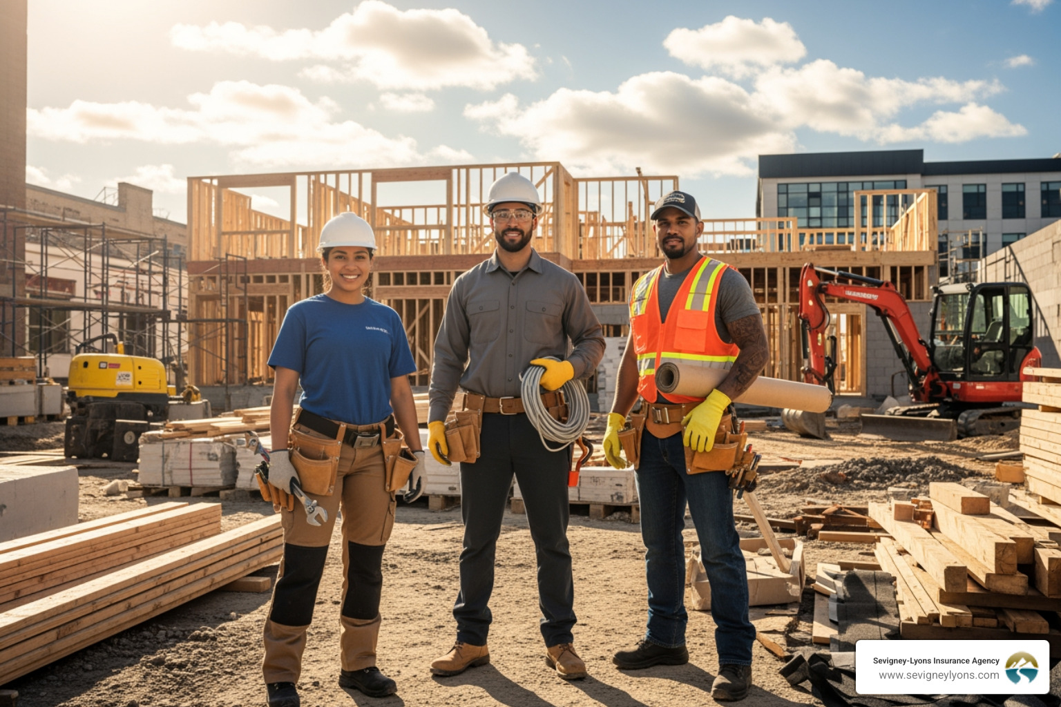 Diverse group of trade professionals (plumber, electrician, roofer) - business insurance for contractors Diverse group of trade professionals (plumber, electrician, roofer) - business insurance for contractors