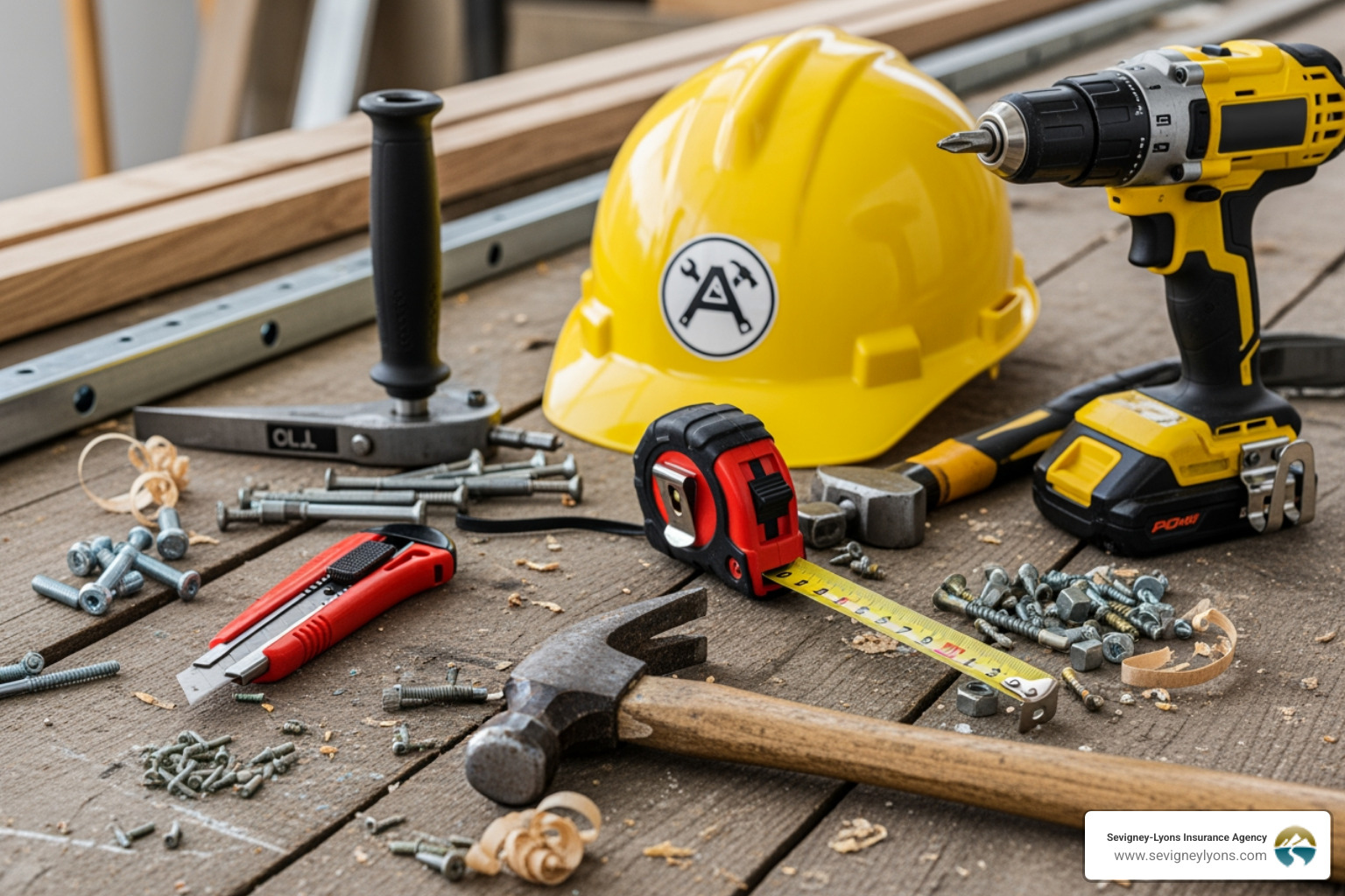 Various contractor tools and a hard hat - business insurance for contractors Various contractor tools and a hard hat - business insurance for contractors