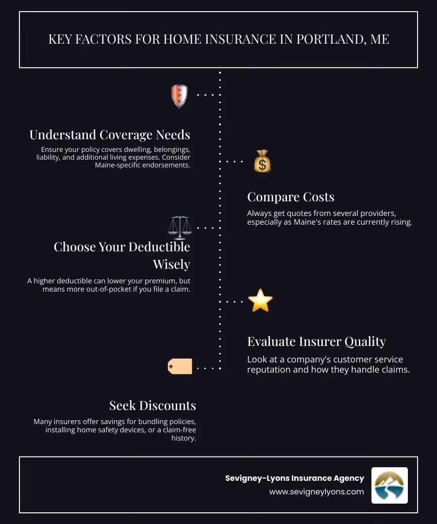 Infographic detailing key factors for comparing home insurance in Portland, Maine, including coverage types, cost considerations, deductible impact, insurer reputation, and available discounts. - Home insurance Portland infographic infographic-line-5-steps-dark