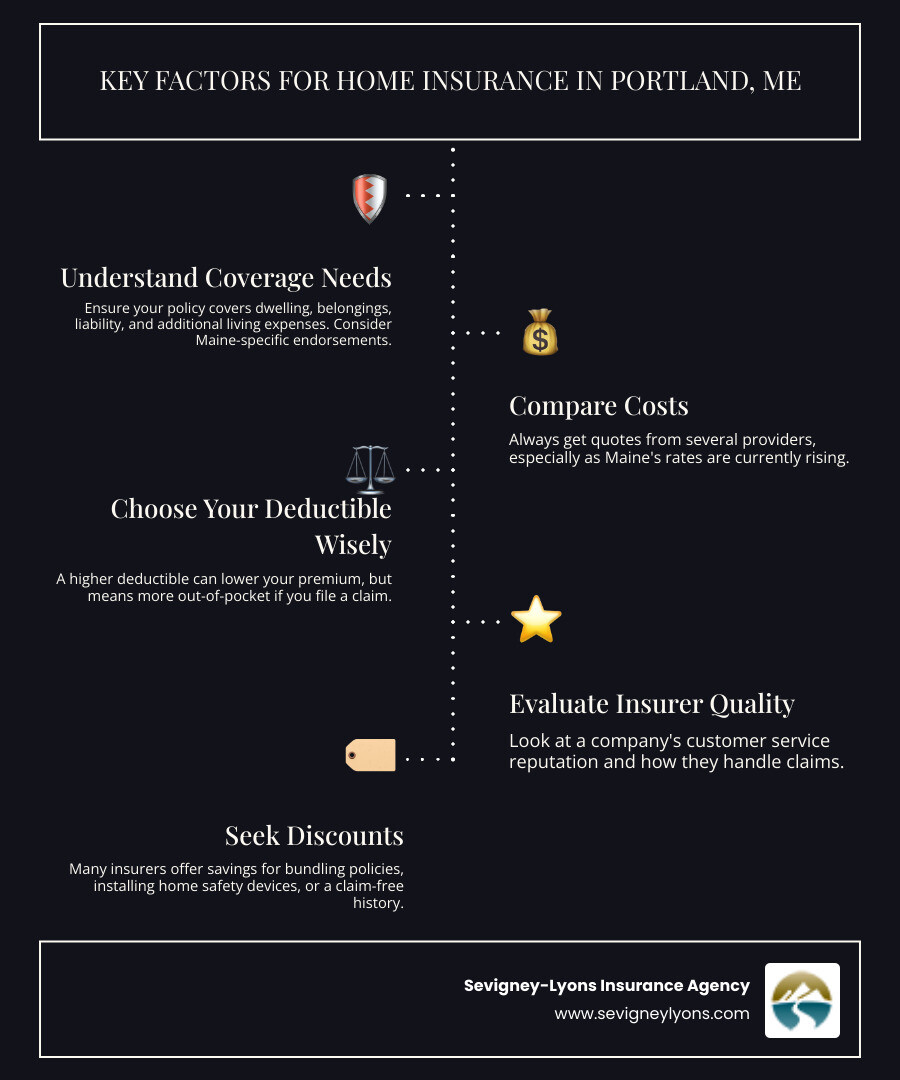 Infographic detailing key factors for comparing home insurance in Portland, Maine, including coverage types, cost considerations, deductible impact, insurer reputation, and available discounts. - Home insurance Portland infographic infographic-line-5-steps-dark